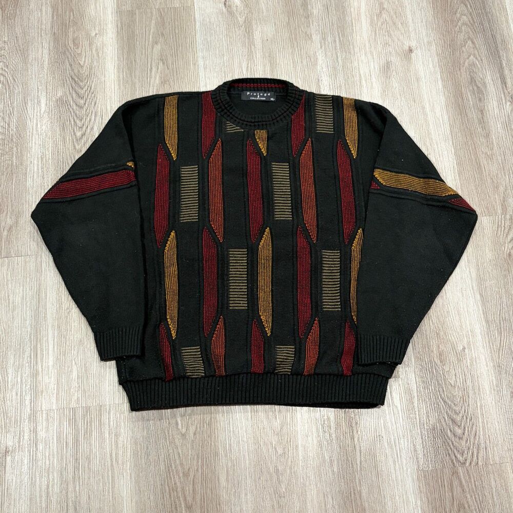 Vintage 90s Protege 3D Knit Sweater Coogi Style Men's Size XL Black Multi-Color
